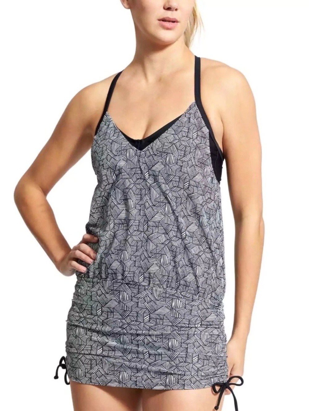 Athleta Laguna Tankini Swim Top | 32B/C | Black White Geometric Side Scrunch